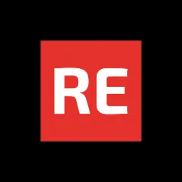 Logo z białym napisem 'RE' na czerwonym kwadracie, umieszczone na czarnym tle.