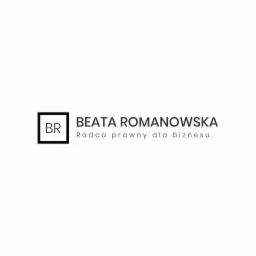 Minimalistyczne logo: Inicjały BR w czarnym kwadracie obok imienia i nazwiska Beata Romanowska z dopiskiem 'Radca prawny dla biznesu'.