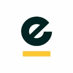Minimalistyczne logo z ciemnozieloną literą 'e' wpisaną w okrąg, umieszczoną nad krótką, poziomą, żółtą linią na białym tle.