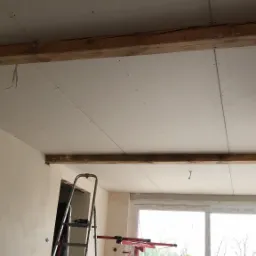 Montaż płyt gipsowo-kartonowych na suficie, widoczne drewniane belki konstrukcyjne, drabina, podnośnik do płyt i mikser betonu za oknem.