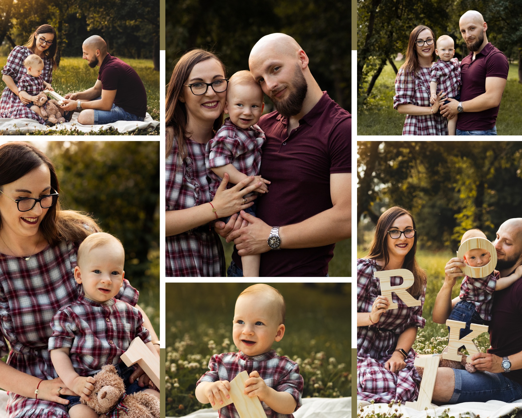 Kolaż zdjęć rodziny w parku: rodzice z synkiem, ubrani w pasujące kraciaste stroje, na pikniku z drewnianymi literami układającymi słowo 'ROK'.