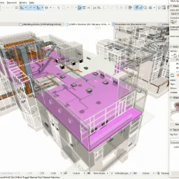 Wizualizacja 3D budynku z instalacjami MEP (Mechanical, Electrical, Plumbing) w programie do modelowania informacji o budynku (BIM), z widocznymi kanałami wentylacyjnymi, rurami i elementami...