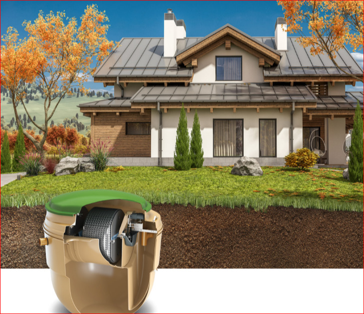 Przekrój przydomowej oczyszczalni ścieków z widokiem na filtr, umieszczonej na tle domu jednorodzinnego z jesiennym ogrodem.