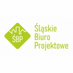 Zielone logo Śląskiego Biura Projektowego z nazwą firmy i symbolem budynków na białym tle.