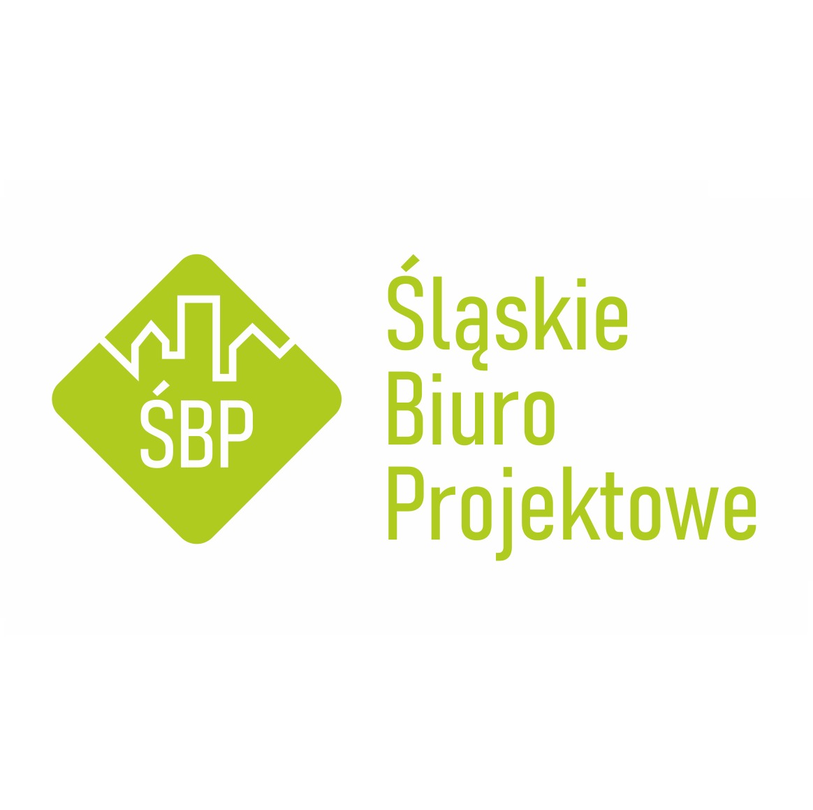 Zielone logo Śląskiego Biura Projektowego z nazwą firmy i symbolem budynków na białym tle.