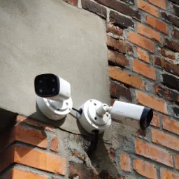 Dwie kamery monitoringu firmy Dahua zamontowane na ceglanej ścianie z elementami betonu, widoczne przewody i ślady po starych instalacjach.