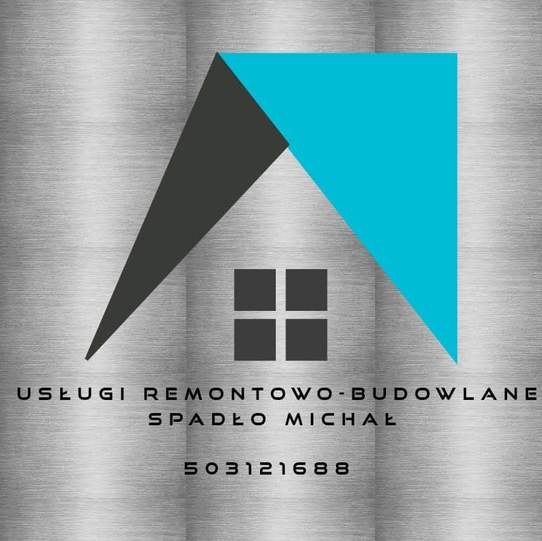 Logo firmy remontowo-budowlanej Spadło Michał z graficznym symbolem domu w kolorach szaro-czarnym i błękitnym na tle szczotkowanego metalu, numer telefonu 503121688.
