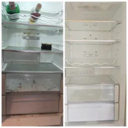 Porównanie wnętrza lodówki przed i po czyszczeniu: po lewej stronie brudne półki i szuflady z resztkami jedzenia, po prawej czyste, puste wnętrze.