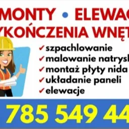 Grafika reklamowa firmy remontowo-wykończeniowej z uśmiechniętą postacią w kasku i z projektami, oferującej szpachlowanie, malowanie natryskowe, montaż płyt gipsowych, układanie paneli i prace...