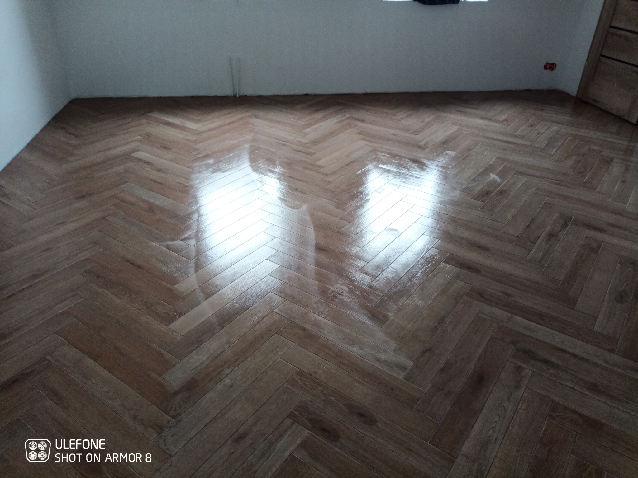 Ułożona parkietowa podłoga w jodełkę, świeżo po lakierowaniu, z widocznymi refleksami światła, białe ściany w tle.