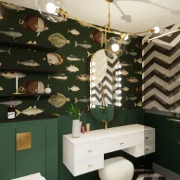 Wnętrze łazienki z tapetą w ryby, toaletką z lustrem z oświetleniem, białymi szafkami i pufem, oświetlone nowoczesną lampą sufitową.