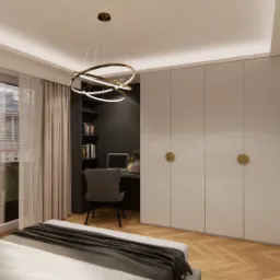 Wizualizacja sypialni z miejscem do pracy: łóżko z szarą narzutą, biurko z laptopem i regałami, biała szafa z okrągłymi uchwytami, parkiet w jodełkę, okno z widokiem na miasto i designerska lampa...