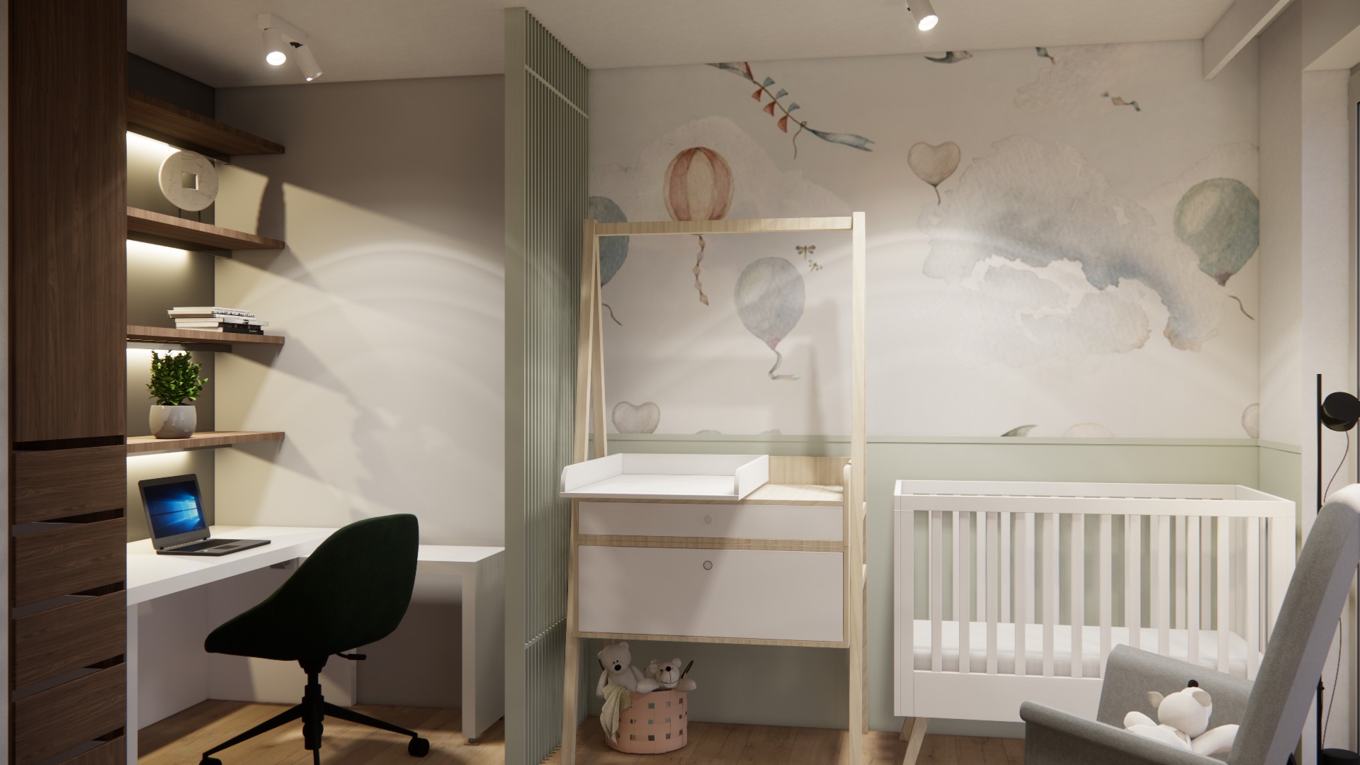 Wizualizacja pokoju dziecięcego z biurkiem, łóżeczkiem i przewijakiem na tle ściany z motywem balonów i chmur.
