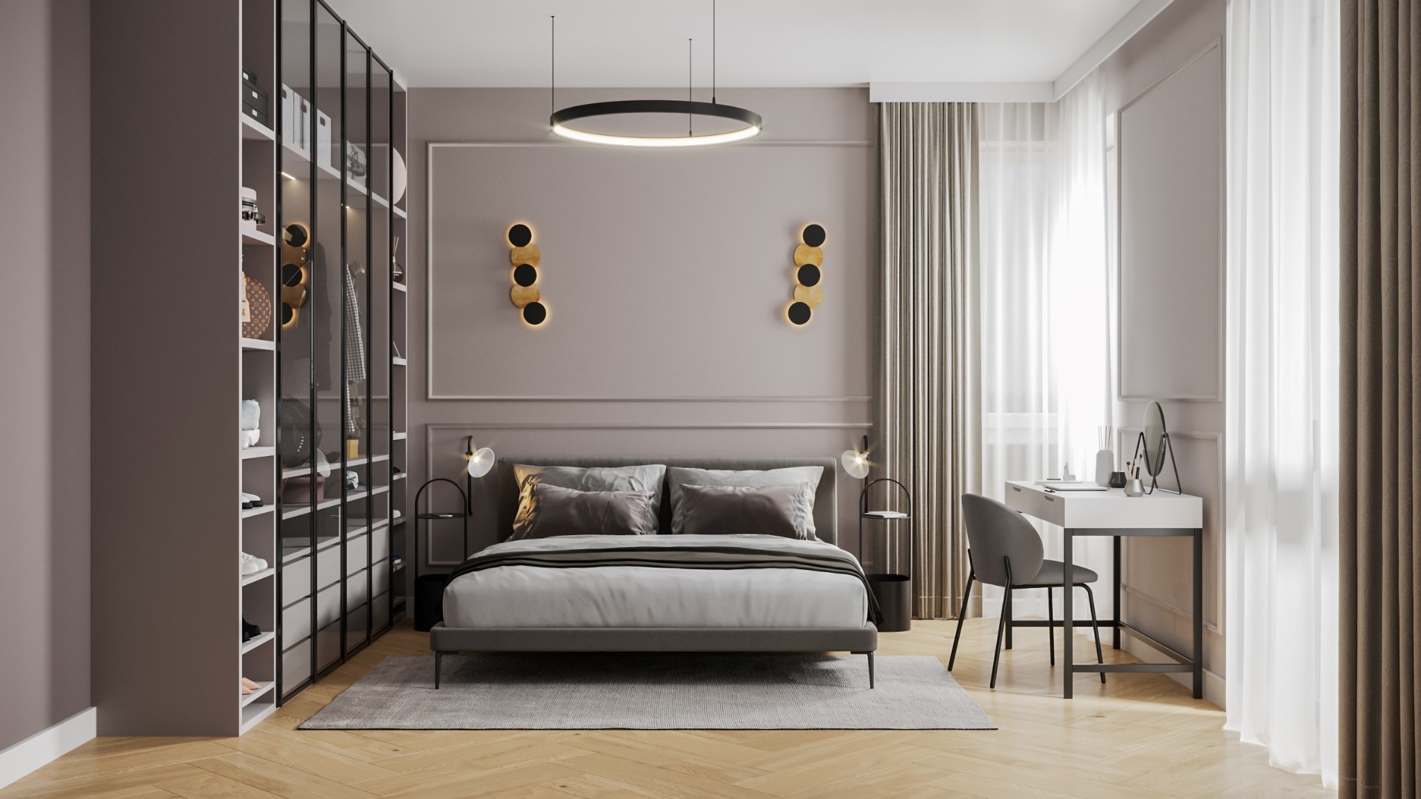 Elegancka sypialnia w odcieniach szarości i beżu, z łóżkiem na dywanie, toaletką przy oknie i przeszkloną garderobą z oświetleniem LED.