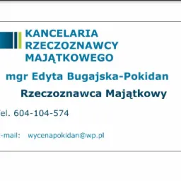 Wizytówka Kancelarii Rzeczoznawcy Majątkowego mgr Edyty Bugajskiej-Pokidan z numerem telefonu i adresem e-mail.