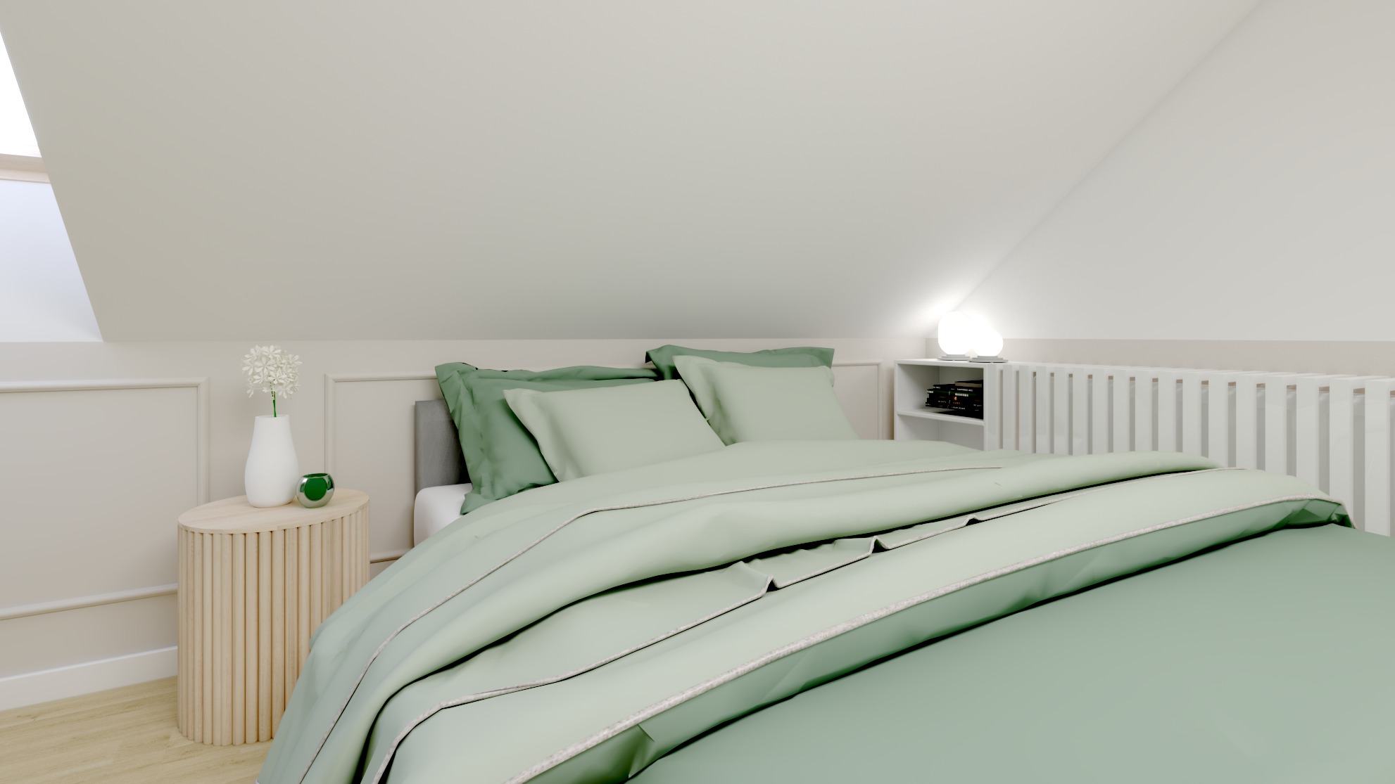 Jasna sypialnia na poddaszu w Warzymicach z łóżkiem w pistacjowych odcieniach, stolikiem nocnym z wazonem i lampką.