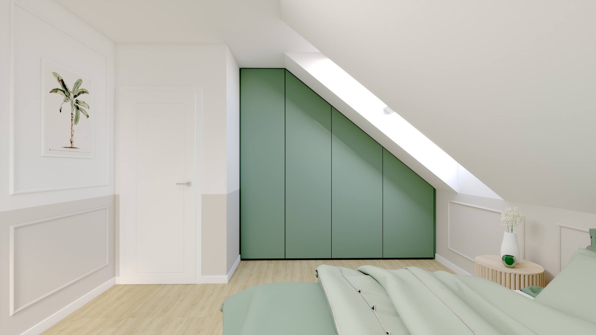 Pokój na poddaszu z zieloną zabudową szafy w skosie, jasna podłoga, białe ściany z dekoracyjnymi listwami, łóżko w odcieniach zieleni i stolik nocny z wazonem.