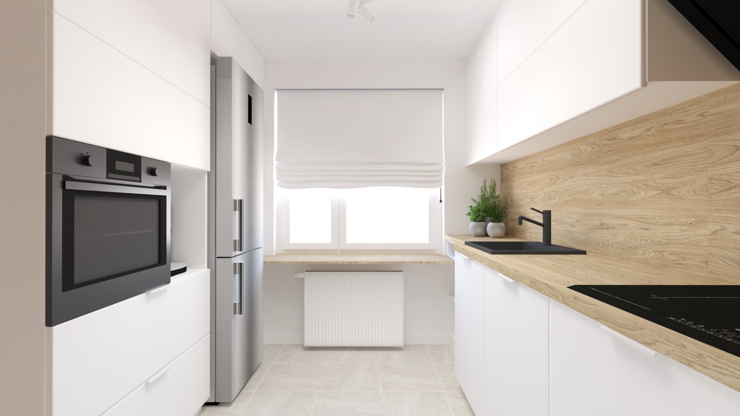 Wąska kuchnia w bieli i drewnie: minimalistyczne szafki, sprzęt AGD w zabudowie, drewniany blat, czarny zlew i płyta indukcyjna, roleta rzymska w oknie.