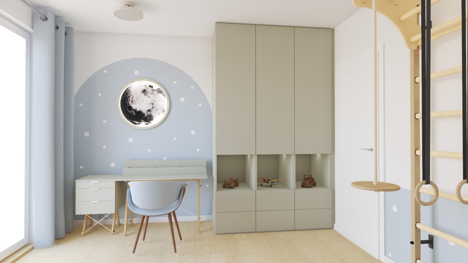 Pokój dziecięcy w pastelowych kolorach z biurkiem, szafą w zabudowie z oświetlonymi niszami, ścianą z motywem księżyca i drabinką gimnastyczną.