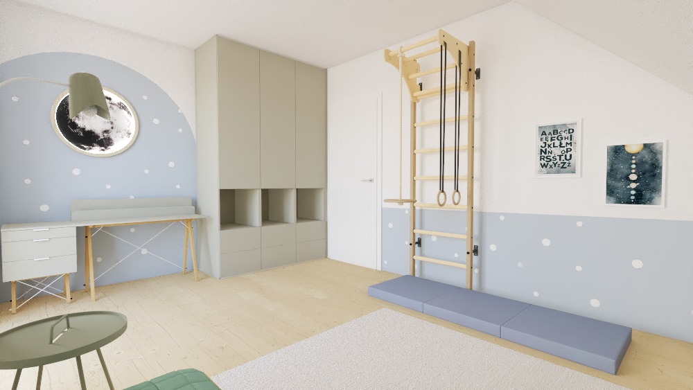 Pokój dziecięcy z drewnianą drabinką gimnastyczną z kółkami, szarą zabudową meblową, biurkiem z lampą w kształcie księżyca i dekoracjami ściennymi w pastelowych kolorach.