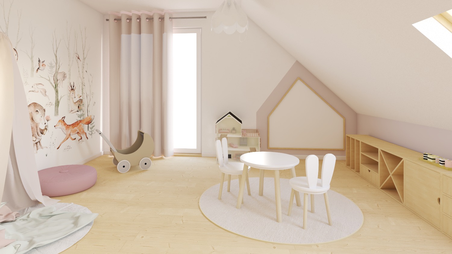 Jasny pokój dziecięcy na poddaszu z tapetą w leśne zwierzęta, białym stolikiem i krzesełkami w kształcie królików oraz drewnianą komodą pod oknem dachowym.