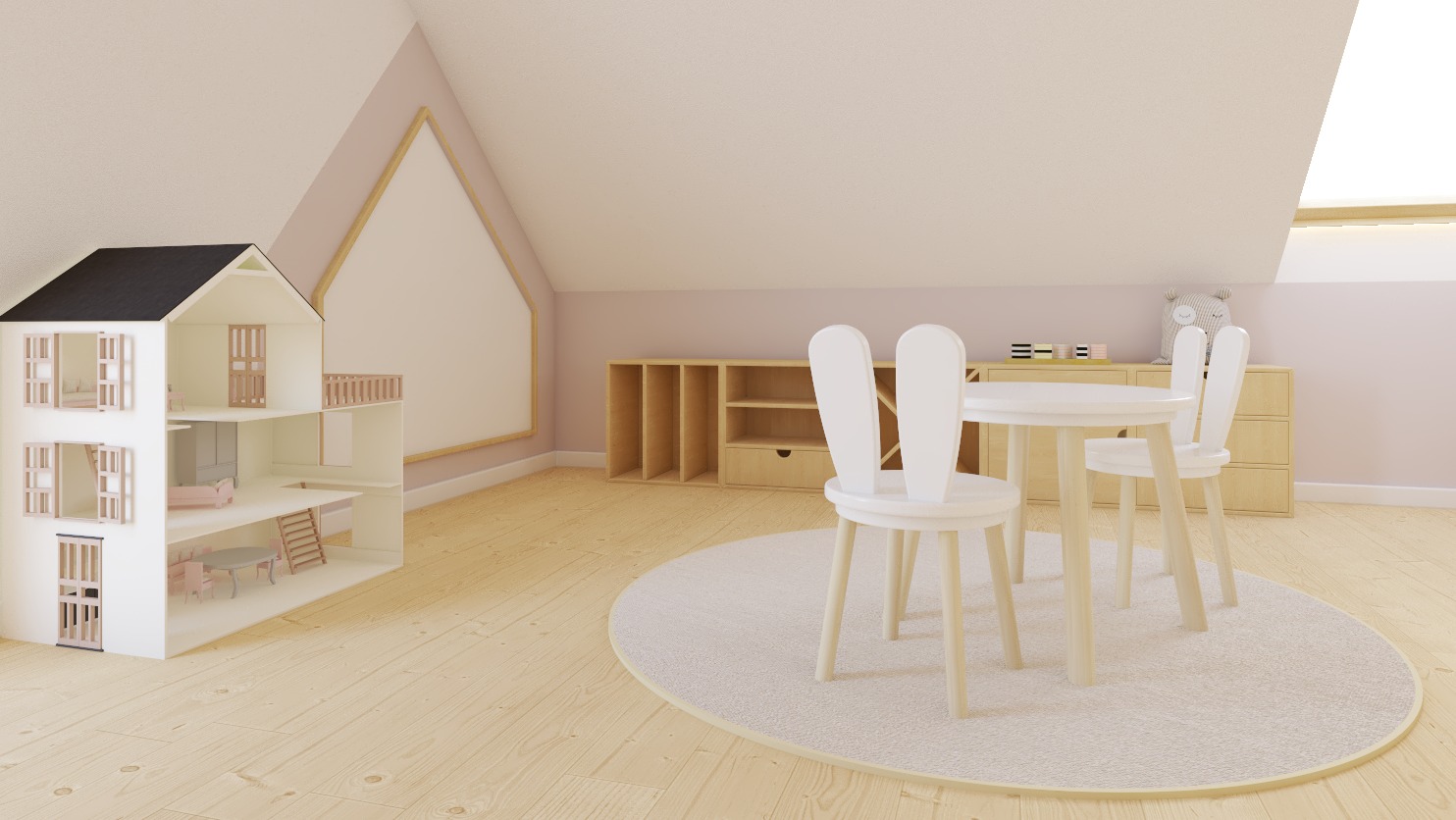 Jasne, pastelowe wnętrze pokoju dziecięcego na poddaszu z drewnianą podłogą, białymi meblami, okrągłym dywanem i domkiem dla lalek z wyposażeniem.