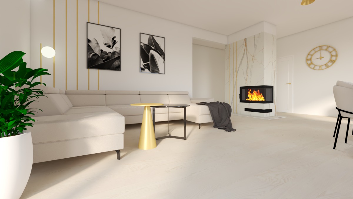 Wizualizacja salonu z narożną sofą, złotym stolikiem kawowym i kominkiem obudowanym marmurem.