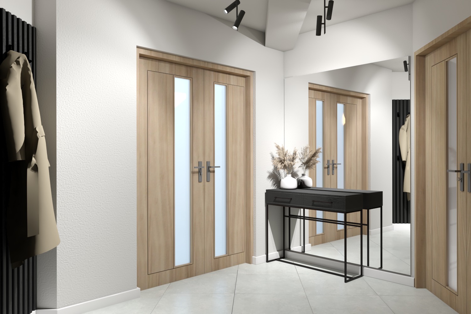 Nowoczesny przedpokój z podwójnymi, drewnianymi drzwiami z przeszkleniami, czarną konsolą z dekoracyjnymi trawami w białych wazonach i lustrem odbijającym wieszak z płaszczem
