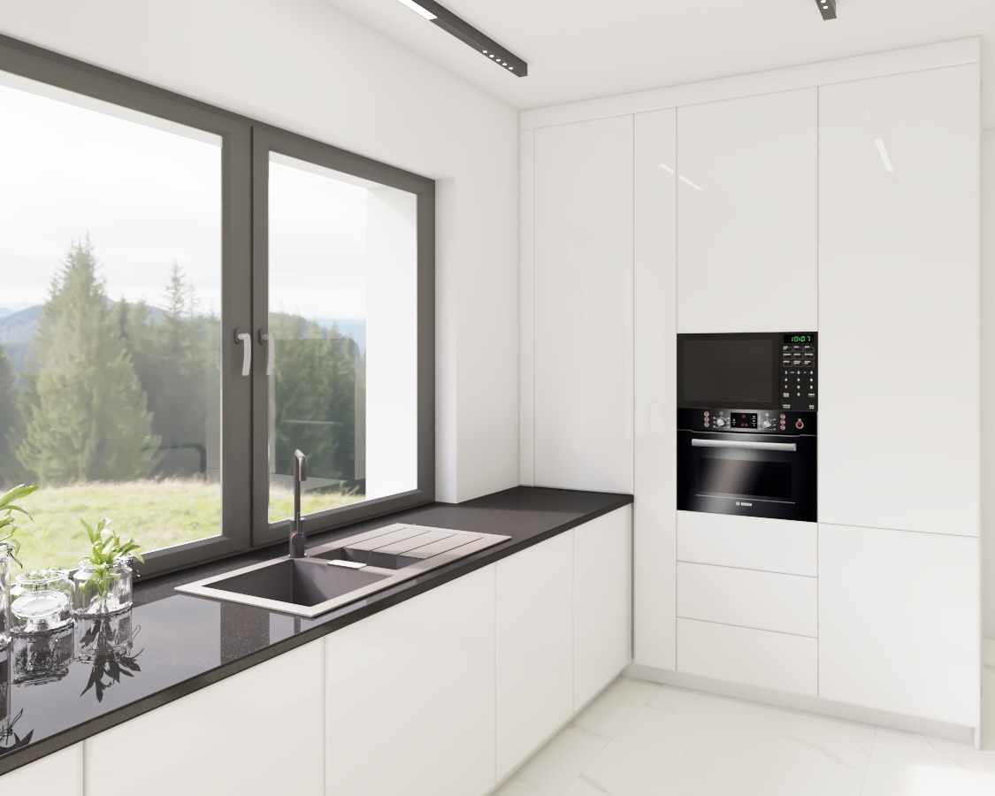 Minimalistyczna kuchnia z białymi, błyszczącymi szafkami, czarnym blatem i widokiem na góry za oknem. Nowoczesny zlew ze stalową baterią. Wbudowany piekarnik i mikrofalówka marki Bosch.