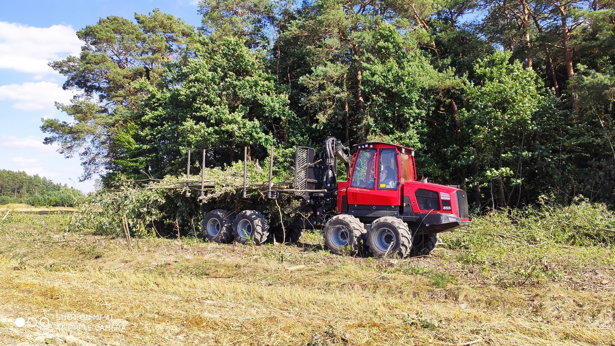 Czerwony forwarder (maszyna do zrywki drewna) marki Komatsu 855 z załadunkiem gałęzi i drobnych drzew na przyczepie, stoi na polu z resztkami po wycince, w tle las liściasty i iglasty.