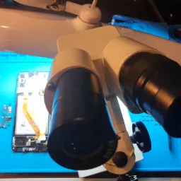 Mikroskop nad rozłożonym smartfonem na niebieskiej macie serwisowej, widoczne elementy elektroniki i bateria.