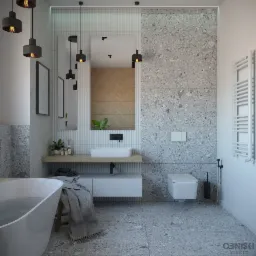 Nowoczesna łazienka z wanną wypełnioną wodą, szarą mozaiką na ścianach i podłodze, wiszącą toaletą, umywalką na drewnianym blacie, oświetleniem punktowym i dekoracyjnymi dodatkami.