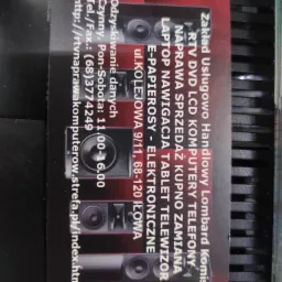 Wizytówka zakładu usługowego lombardu i komisu RTV DVD LCD komputery telefony naprawa sprzedaż kupno zamiana laptop nawigacja tablet telewizor e-papierosy elektroniczne, adres ul. Kolejowa 9/11...