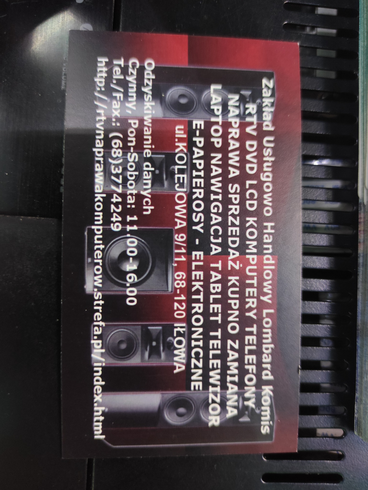 Wizytówka zakładu usługowego lombardu i komisu RTV DVD LCD komputery telefony naprawa sprzedaż kupno zamiana laptop nawigacja tablet telewizor e-papierosy elektroniczne, adres ul. Kolejowa 9/11...