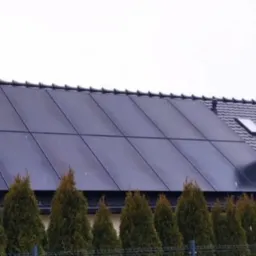 Czarny dach z panelami fotowoltaicznymi na domu jednorodzinnym z kominem i oknem dachowym, widok zza żywopłotu z tui.