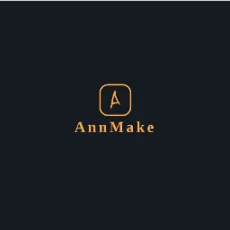 Logo firmy AnnMake z literą A w zaokrąglonym kwadracie, złote detale na ciemnym tle.