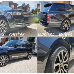 Czarny Range Rover po usłudze mycia, prezentowany z różnych perspektyw na zewnątrz, z widocznymi detalami karoserii i felg.