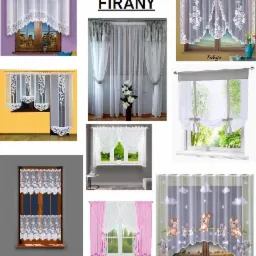 Kolaż przedstawiający różne aranżacje okienne z firanami: koronkowe zazdrostki, długie, zwiewne zasłony z dekoracyjnymi upięciami, firany z motywami dziecięcymi oraz klasyczne, białe firanki.
