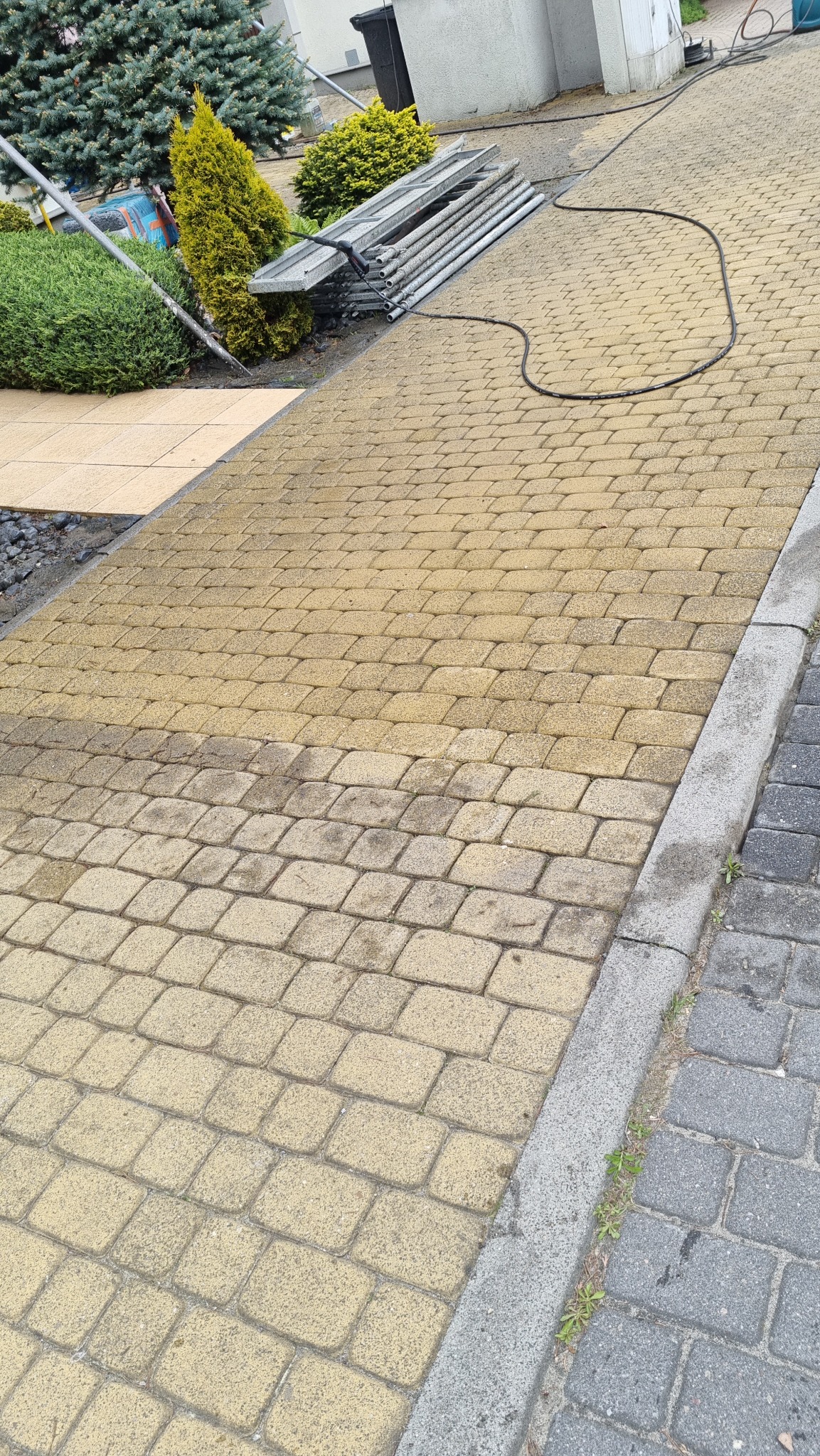 Częściowo umyta żółta kostka brukowa z widoczną różnicą czystości. W tle węże, roślinność i rusztowanie. Zdjęcie z góry, ukazuje postęp prac.