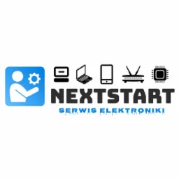 Logo firmy serwisującej elektronikę Nextstart, z ikonami komputera stacjonarnego, laptopa, smartfona, routera i procesora.