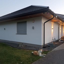 Usługi remontowo-budowlane Łukasz Lamparski - Biała elewacja domu jednorodzinnego z ciemną dachówką, oświetlona lampami zewnętrznymi, z psem rasy Shiba Inu leżącym na trawniku i rozłożoną drabiną malarską w pobliżu wejścia.