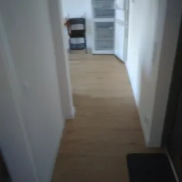 Wnętrze mieszkania z panelami podłogowymi w odcieniach brązu, widok na korytarz z białymi ścianami, w tle krzesło i lodówka.