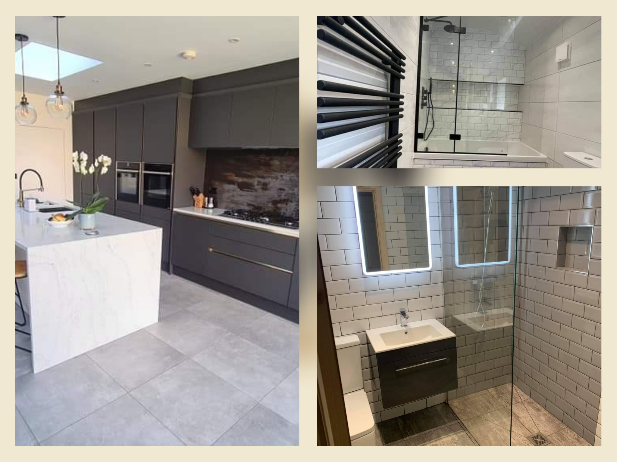 Kolaż przedstawiający szarą kuchnię z wyspą i marmurowym blatem, grzejnik drabinkowy w łazience oraz kabinę prysznicową z białymi płytkami i podświetlanym lustrem.