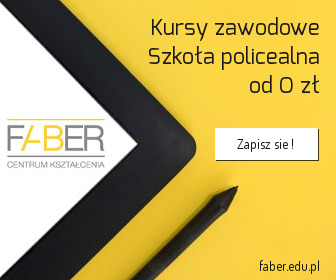 Grafika reklamowa Centrum Kształcenia Faber na żółtym tle z tabletem graficznym i rysikiem, informująca o ofercie szkoły policealnej od 0 zł oraz przyciskiem 'Zapisz się!'.