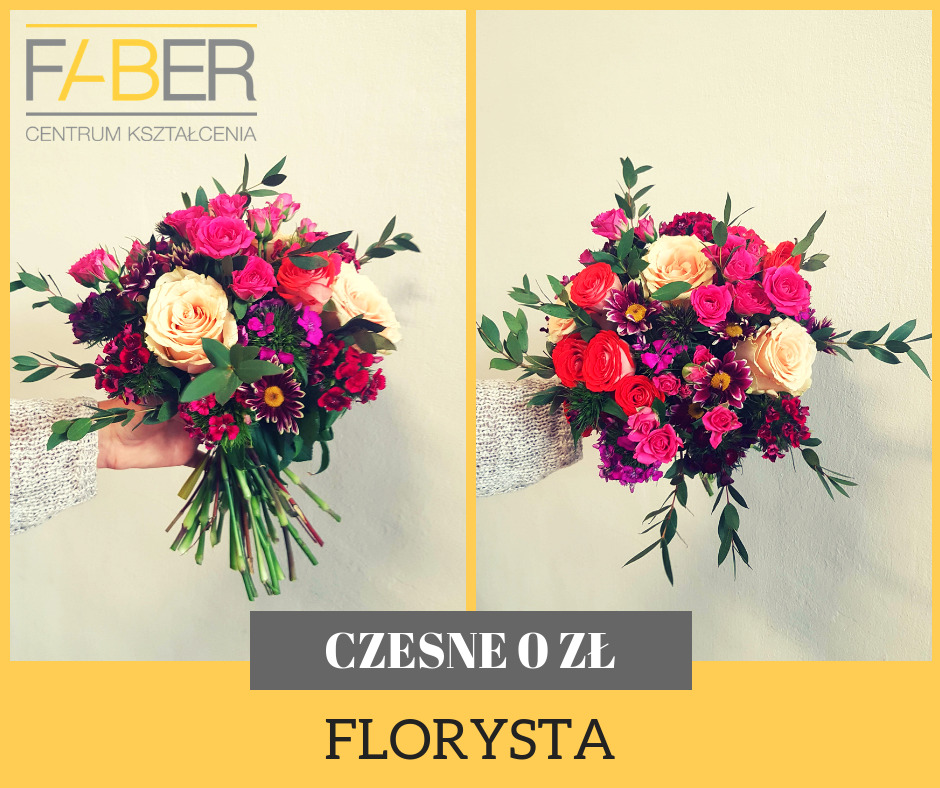 Dwa ujęcia bukietu kwiatów w odcieniach różu, czerwieni i kremu, trzymanego w dłoni w swetrze o grubym splocie, z logo Faber Centrum Kształcenia i napisem 'Czesne 0zł Florysta' na dole.