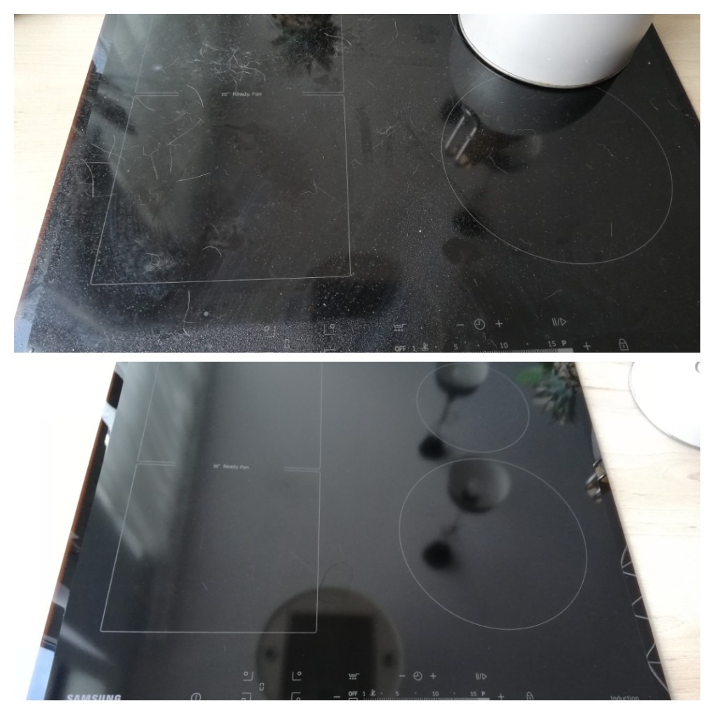 Porównanie: Zabrudzona płyta indukcyjna przed czyszczeniem (góra) i lśniąca czystością płyta po wysprzątaniu (dół).