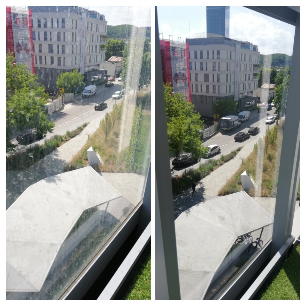 Widok z okna przed i po umyciu, pokazujący różnicę w przejrzystości, z widoczną ulicą, budynkami i zielenią na zewnątrz.