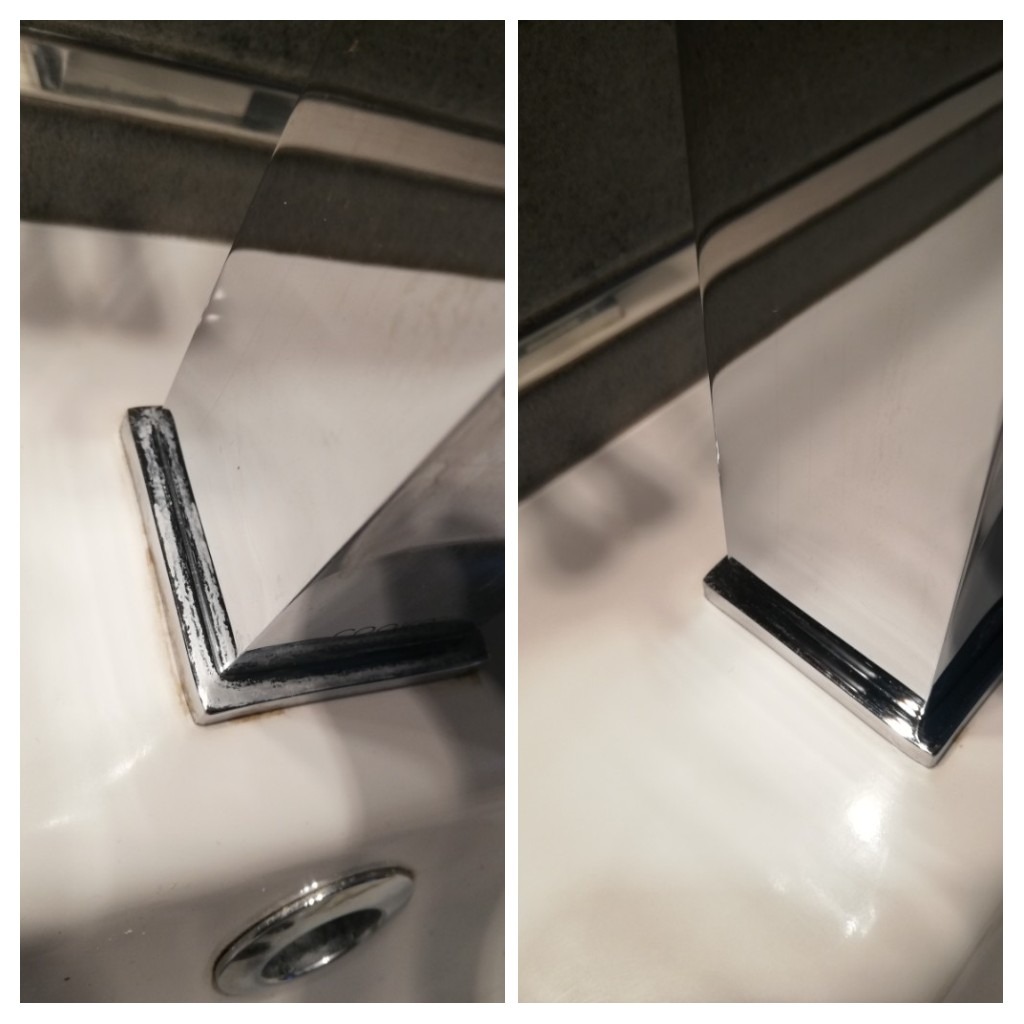 Porównanie: zanieczyszczona chromowana bateria umywalkowa przed i po czyszczeniu, widoczne osady kamienia i mydła.