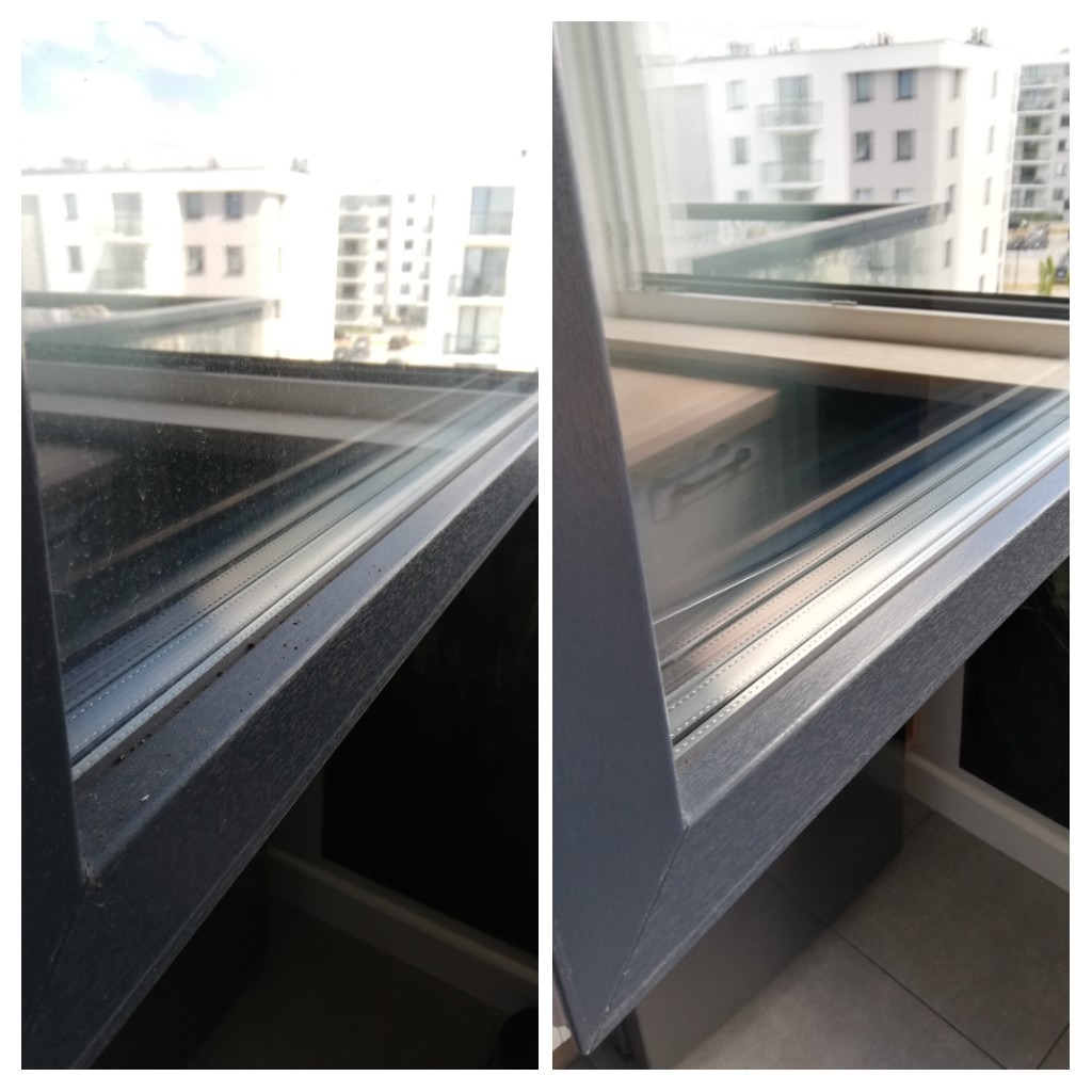 Porównanie: Zabrudzone okno przed i czyste okno po umyciu, widoczne osiedle w tle.