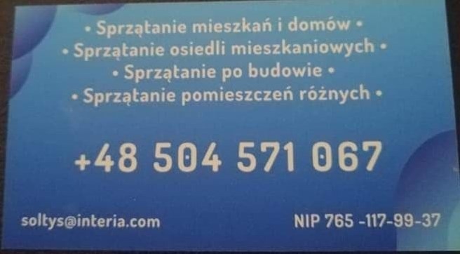 Wizytówka firmy sprzątającej z numerem telefonu, adresem e-mail i NIP, oferującej sprzątanie mieszkań, osiedli, po budowie i pomieszczeń różnych.